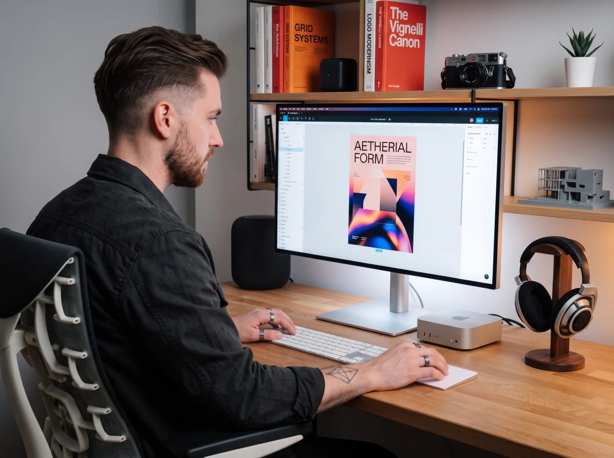 Designer behind a desk using his iMac to design for clients in Oman