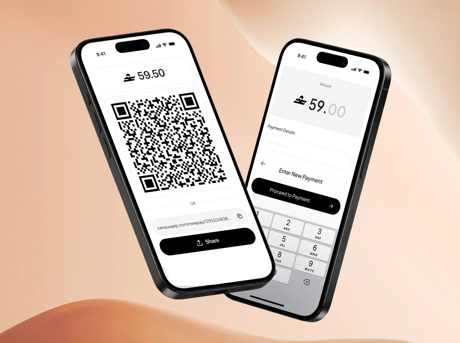 Two iPhones showing the Census Pay request-payment flow: entering an amount on a keypad, and a generated QR code with a shareable payment link