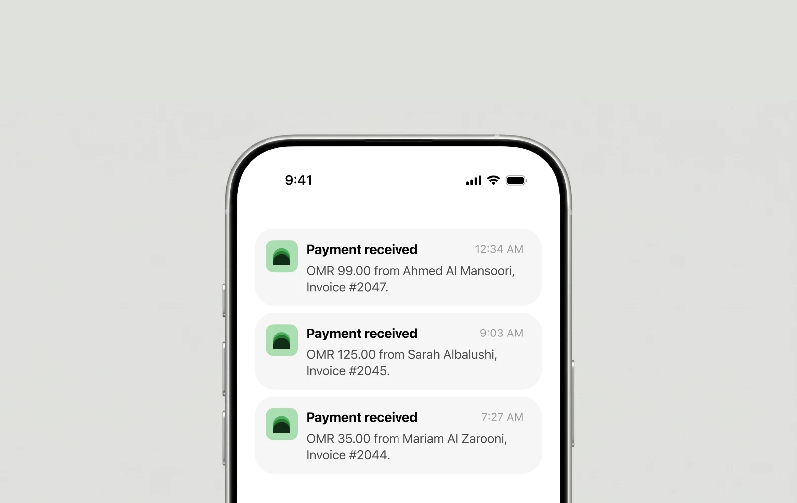 iPhone notifications showing three Census Pay 'Payment received' alerts, each with an amount in OMR, the payer's name, and an invoice number