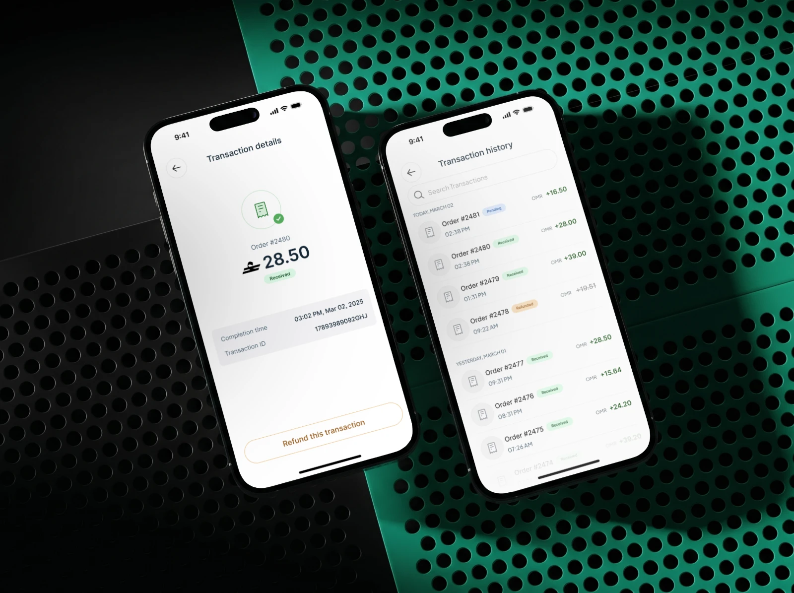 Two iPhones showing Census Pay transaction screens: a single transaction's details with a refund option, and a scrollable transaction history list with amounts and statuses